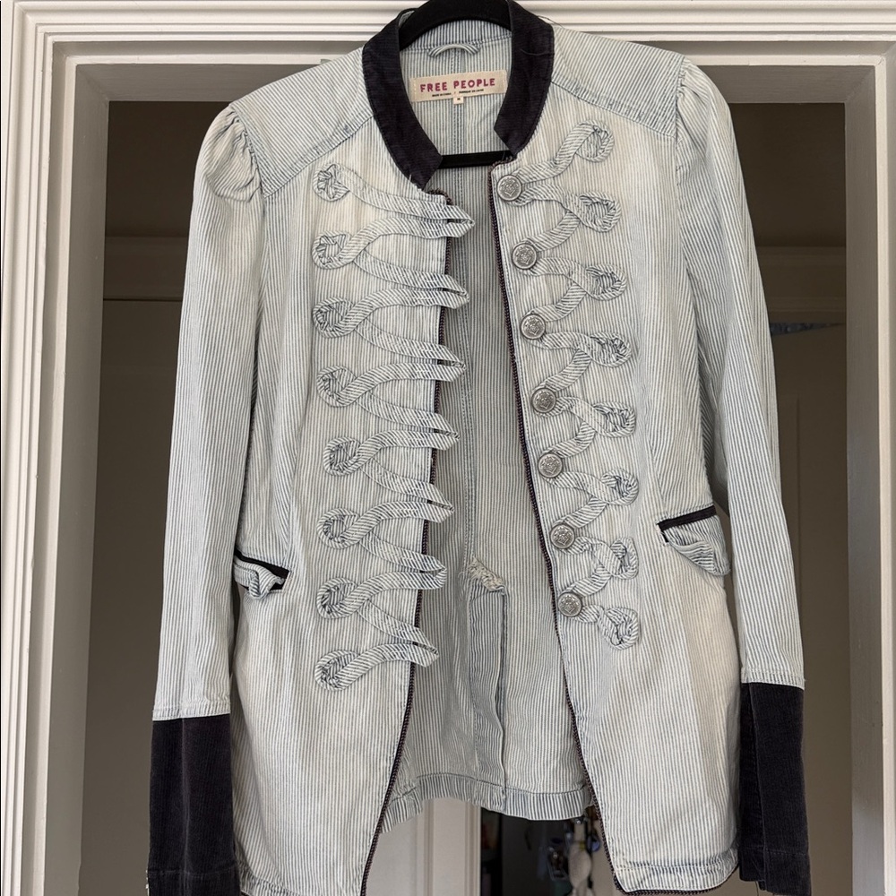 Free People Blue and Black Striped Jacket - M